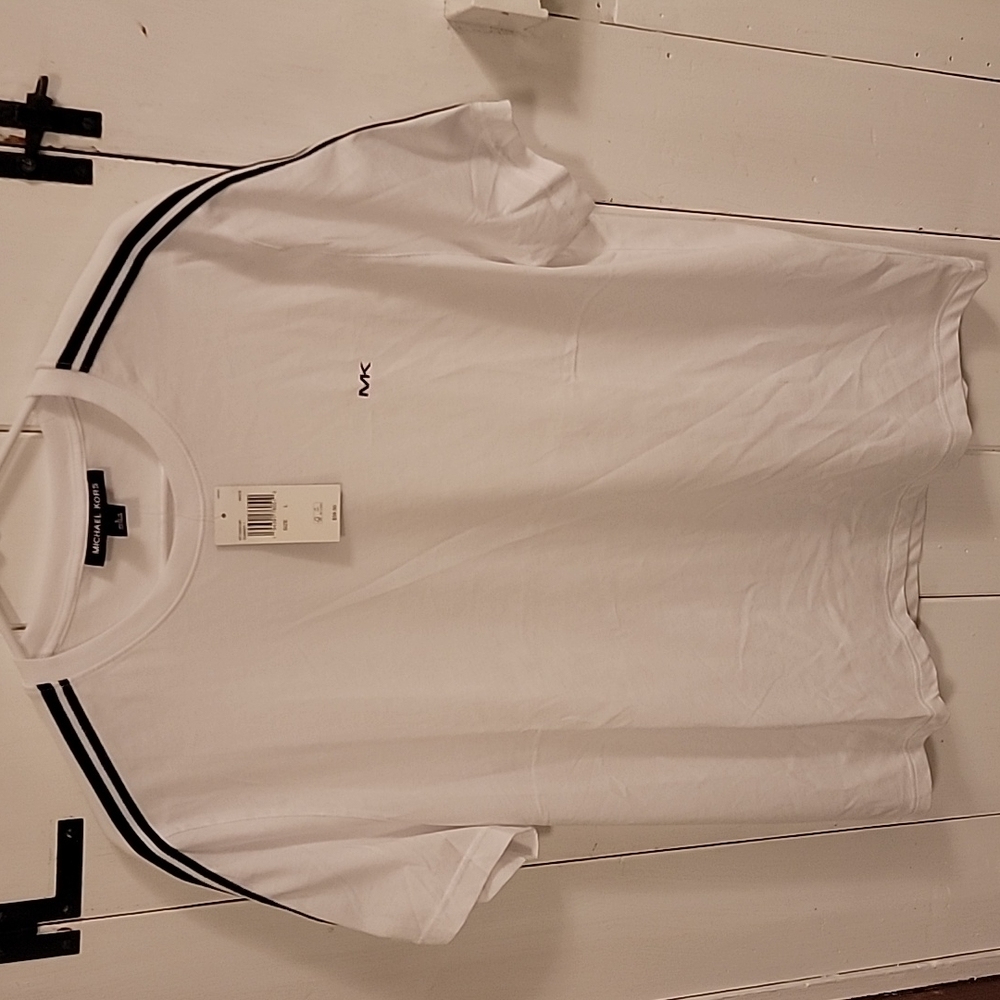 Large Michael Kors T-Shirt. White with Black Shoulder Stripes